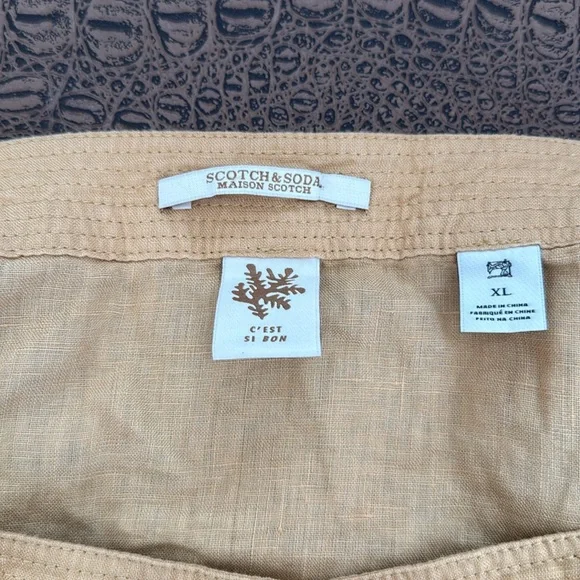 Scotch & Soda Maison Scotch XL tie-front button top puff sleeve tan linen blend - Picture 3 of 8